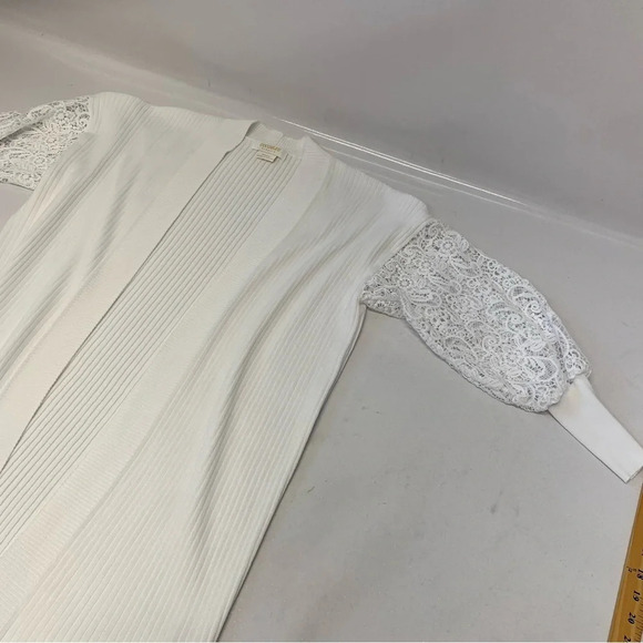 Coco Bleu Open White TiB Knit Cardigan Medium Crochet Puff Sleeve Knit Stretch - Picture 5 of 10